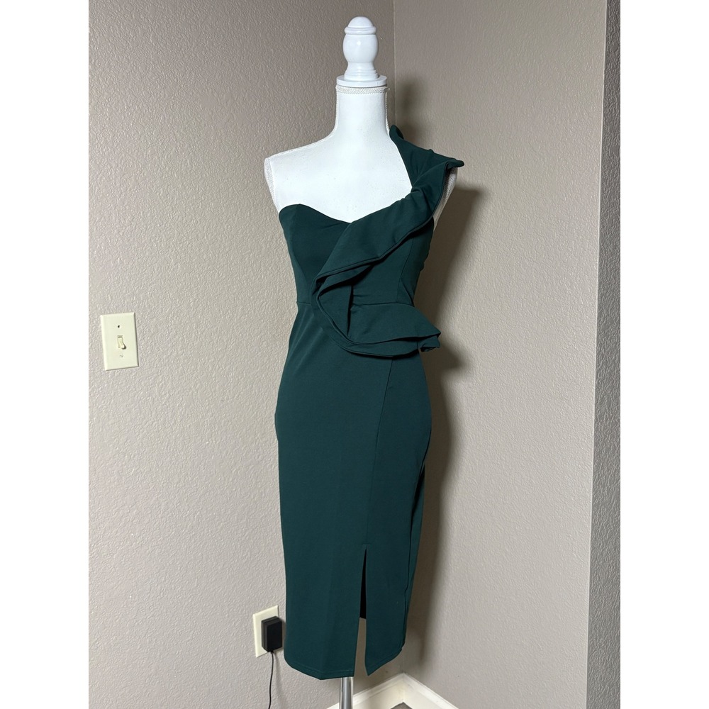 ECOWISH Womens One Shoulder Ruffle Bodycon Midi Dress Dark Green Slit NWT
